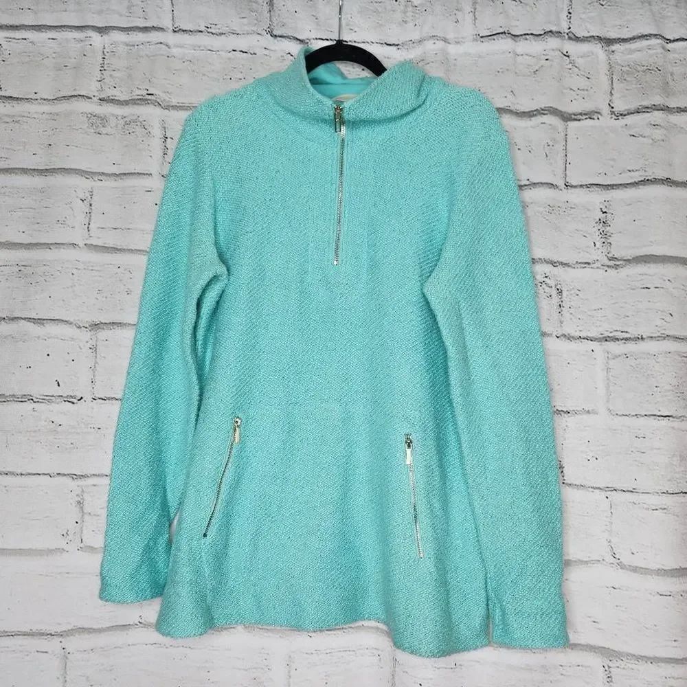 Soft Surroundings Knit Westport Zip Pockets 1/4 Zip Pullover Sweater Teal Large